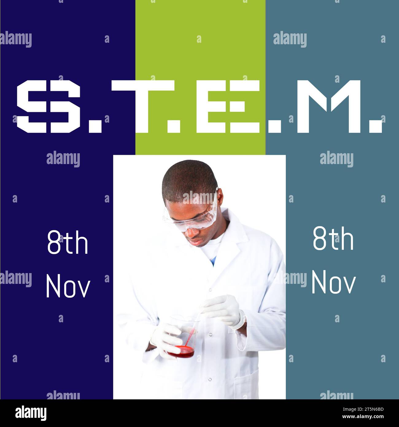 Composite de STEM, texte du 8 novembre avec scientifique masculin afro-américain avec liquide dans le flacon Banque D'Images