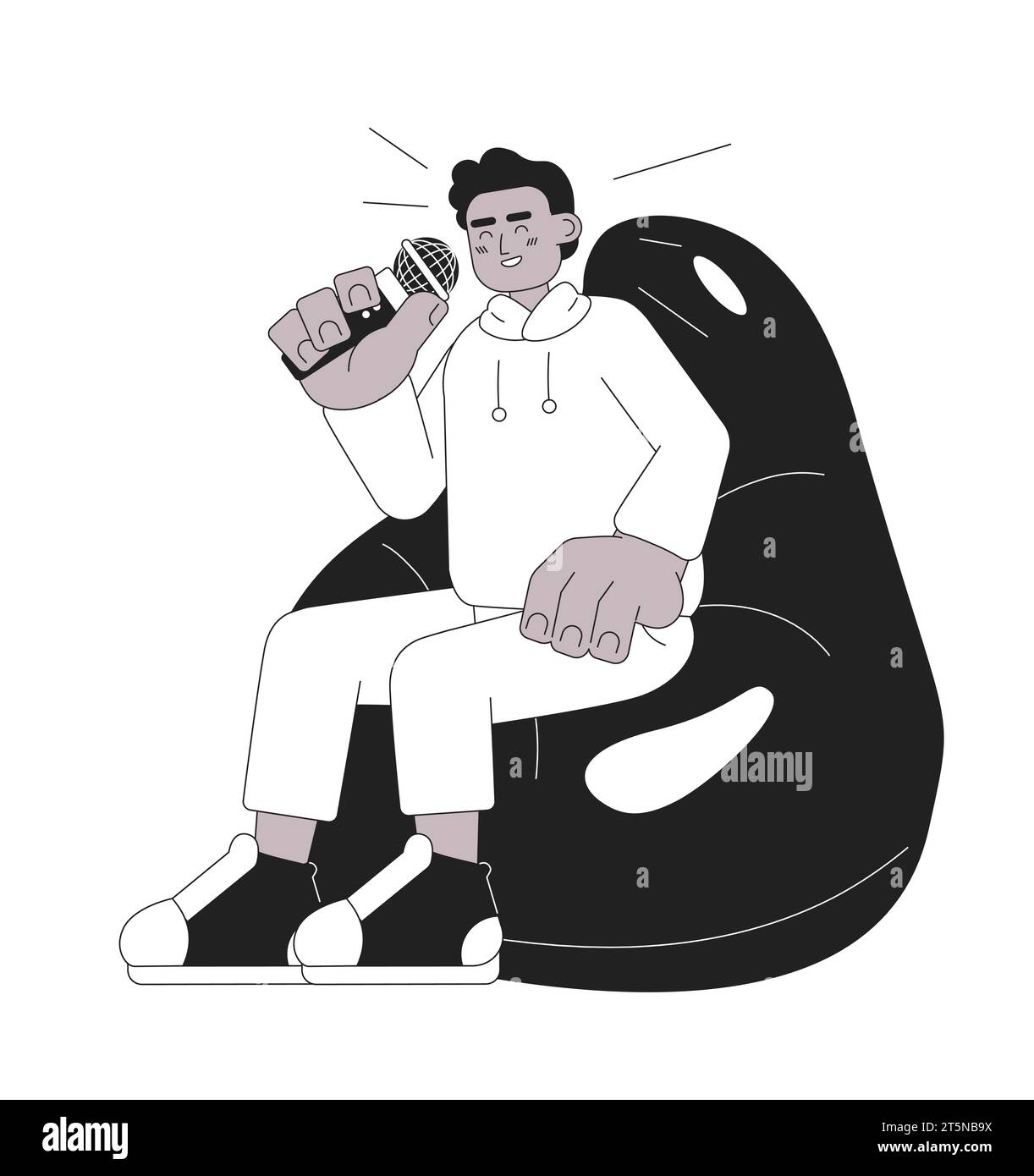 Rire homme afro-américain chaise de sac de pouf noir et blanc personnage de dessin animé 2D. Illustration de Vecteur