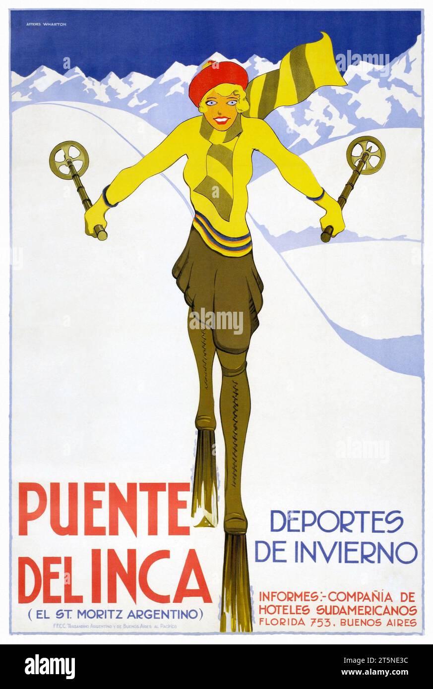 Puente del Inca. Deportes de invierno de Wharton. Affiche publiée en 1930 en Argentine. Banque D'Images