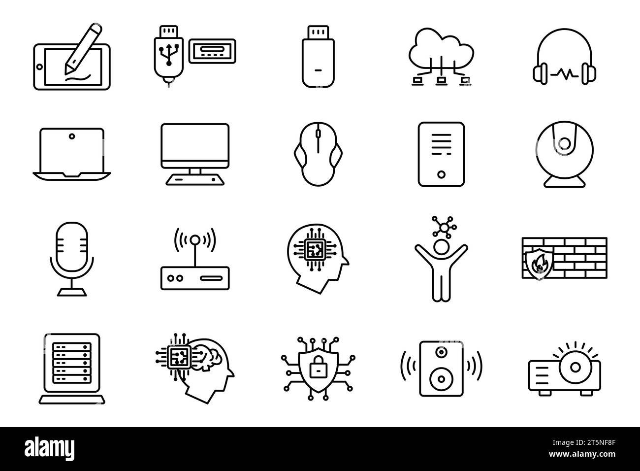 jeu d'icônes de technologie informatique. ordinateur portable, moniteur, cloud computing, humanoïde, pare-feu, point d'accès, cybersécurité, etc. conception de style d'icône de ligne. Simple Illustration de Vecteur