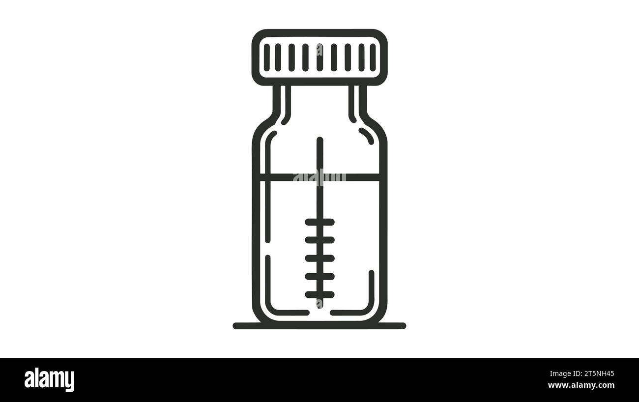 Icône vectorielle noire et blanche d'un flacon de médicament avec des repères de mesure. Illustration de Vecteur