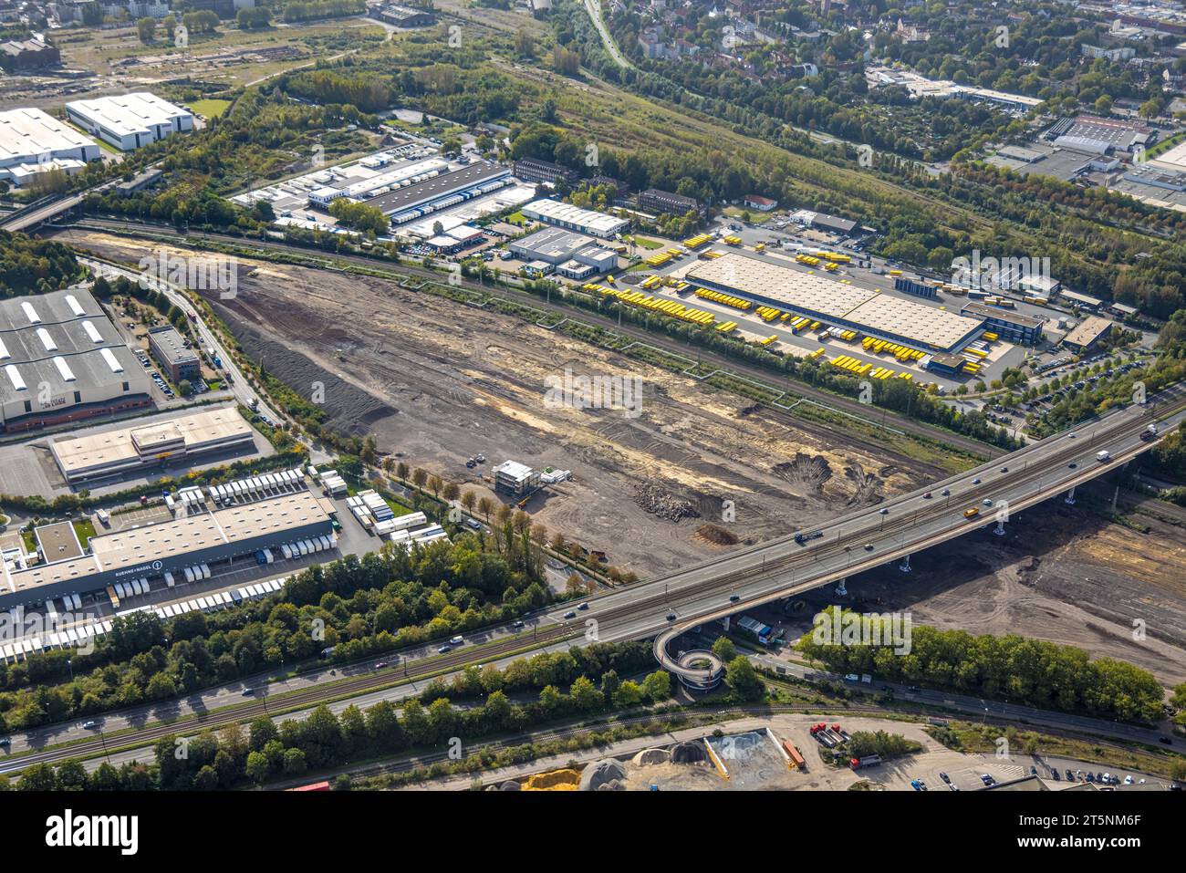 Vue aérienne, DACHSER se Freight Forwarding, sur l'ancien site ferroviaire, port, Dortmund, région de la Ruhr, Rhénanie-du-Nord-Westphalie, Allemagne, DE, Europe, comme Banque D'Images