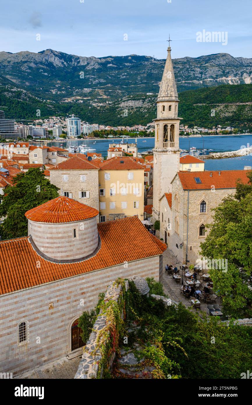 Vue sur la vieille ville de Budva depuis la Citadelle, Budva, Budva Riviera, Monténégro Banque D'Images