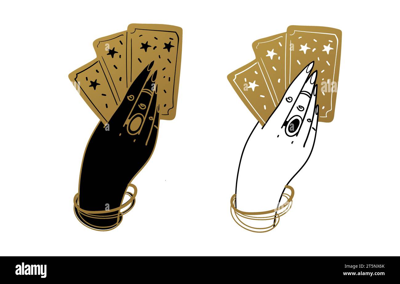Une main de femme tient un jeu de cartes de Tarot. Ensemble d'icônes en couleurs noir et or. Le concept de diversion de fortune, sorcellerie, destin, jeu de cartes. Vecteur Illustration de Vecteur
