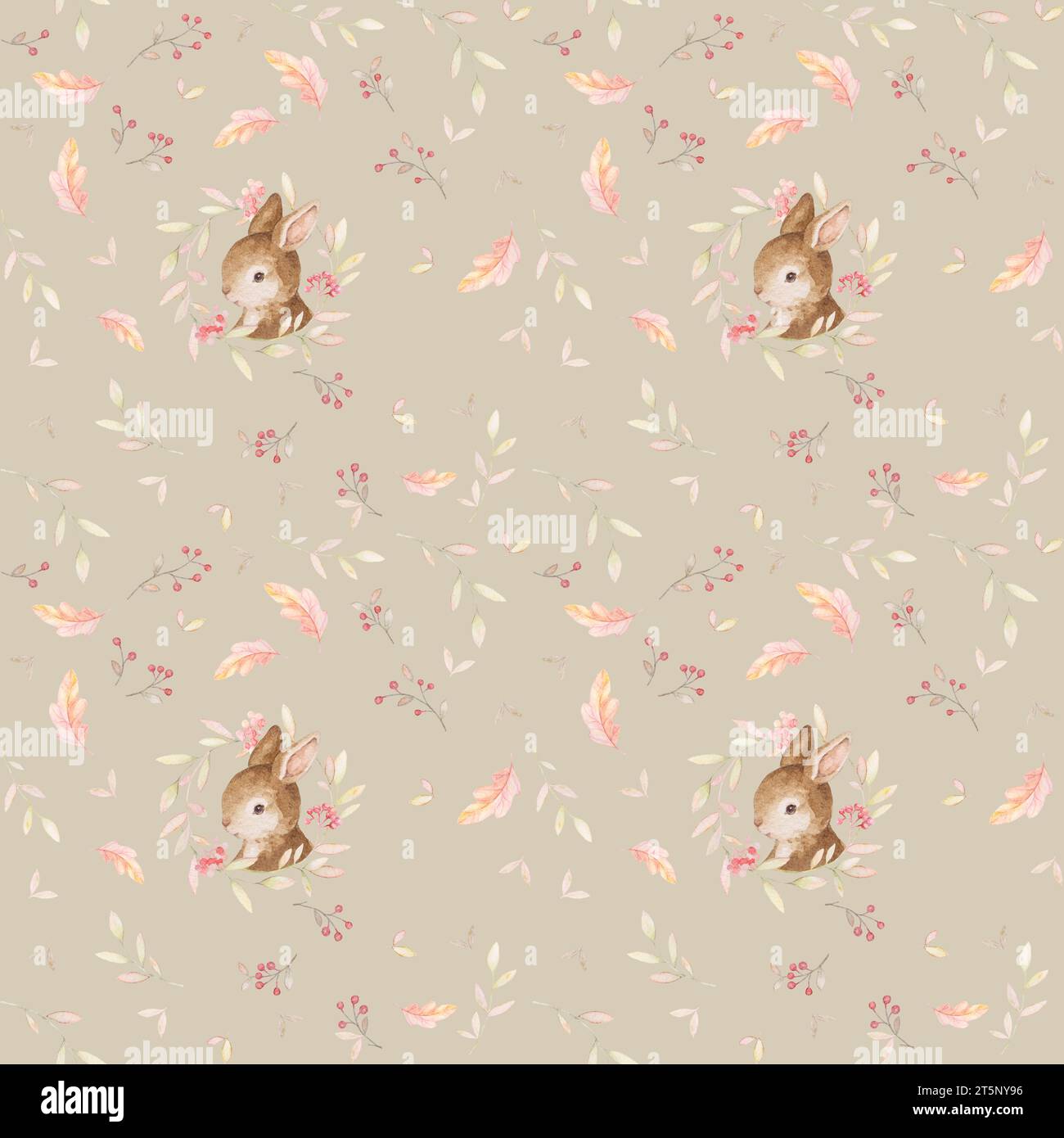 Lapin Seamless Pattern, Forest Animals Wallpaper, Boho Baby Aquarelle, motif automne, fond brun clair Banque D'Images