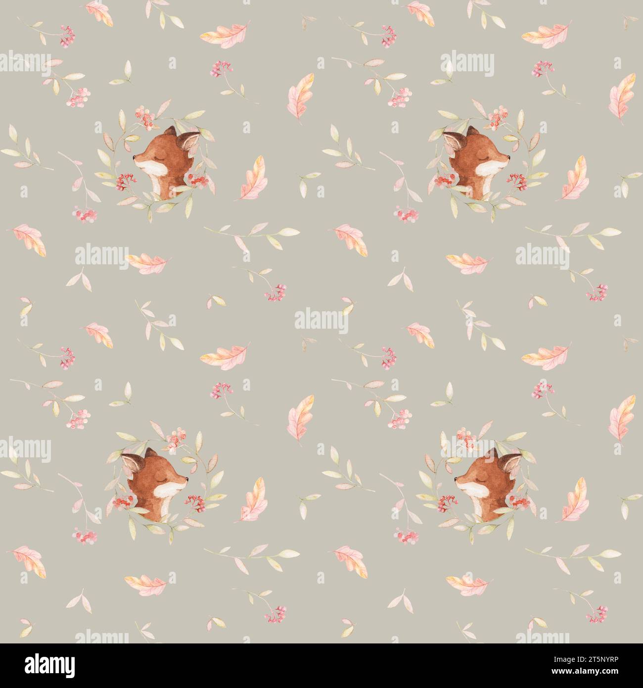 Fox Seamless Pattern, Woodland Fox Fabric, Aquarelle Boho, fond brun clair, Aquarelle Seamless Pattern Banque D'Images