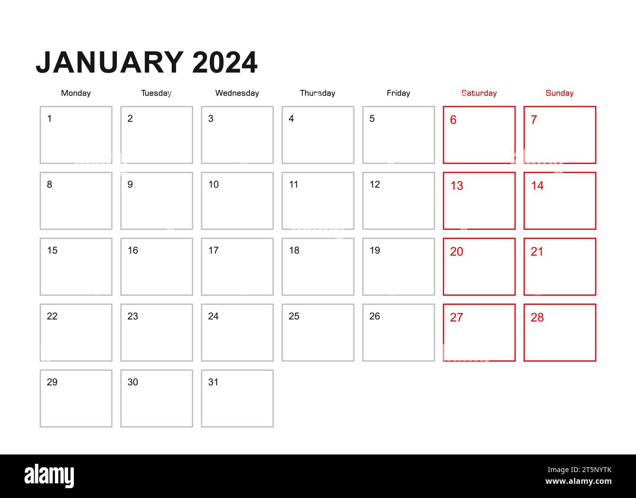 Planificateur mural pour janvier 2024 en langue anglaise, la semaine commence lundi. Calendrier vectoriel 2024. Illustration de Vecteur