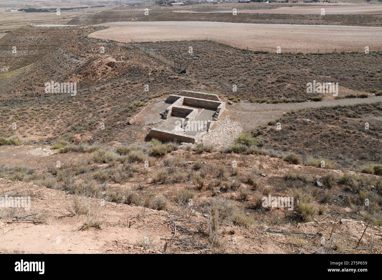 Azaila, Poblado Ibero del Cabezo de Alcala (Monumento Historico-Artistico). Termes romains. Bajo Martin, Teruel, Aragon, Espagne. Banque D'Images