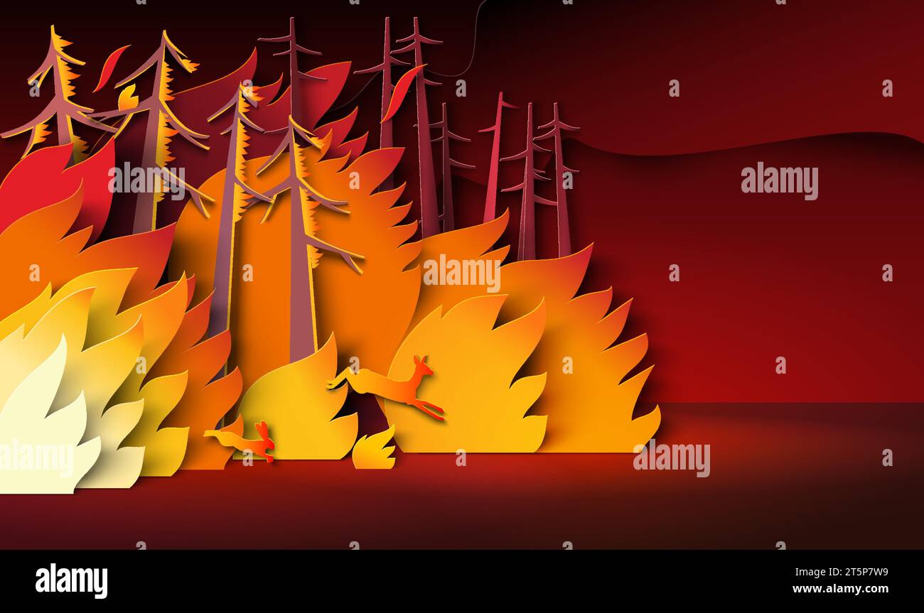 Forêt sur le feu et cerfs échappant aux flammes flamboyantes illustration vectorielle de découpe de papier Illustration de Vecteur