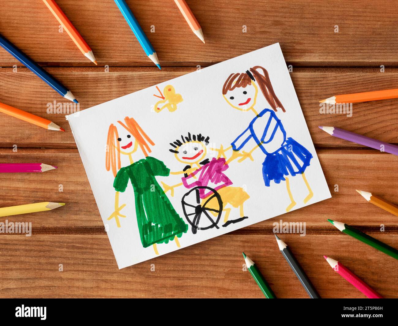 Enfants handicapés amis dessinés avec des crayons Banque D'Images