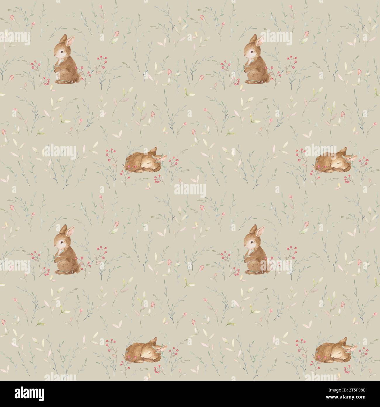 Motif Seamless lapin. Aquarelle Little Rabbit. Papier peint animaux forestiers. Fond marron vert pastel Banque D'Images