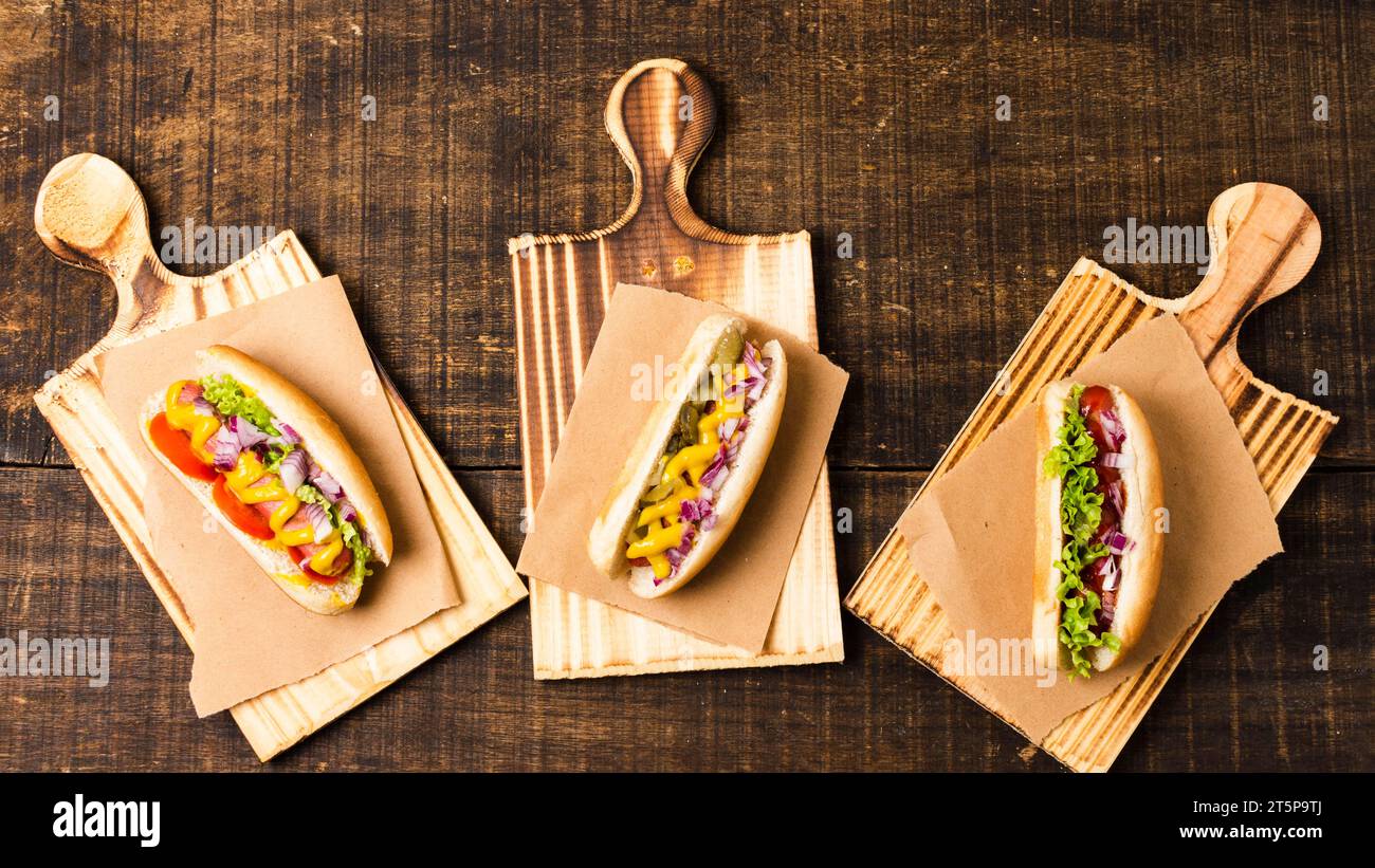 Vue de dessus planches à découper à hot-dogs Banque D'Images