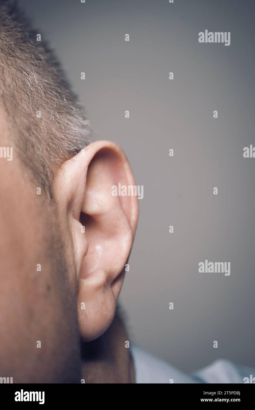 Man 50s partie de visage et d'oreille portrait studio photo prise sur fond gris. Banque D'Images