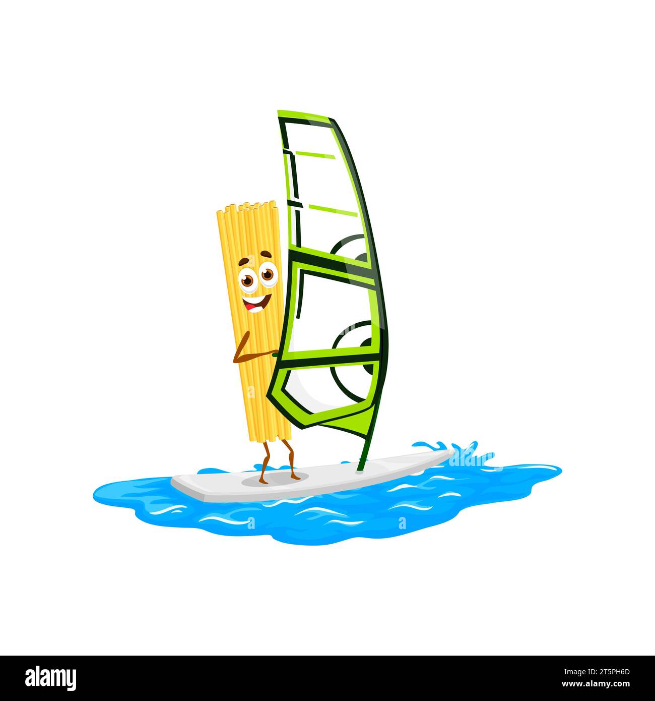 Personnage de pâtes spaghetti de dessin animé chevauchant la vague avec planche à voile. Personnage de vecteur de nouilles de surfer cuter sur les vacances d'été à la plage. Drôle de personnage italien de nourriture spaghetti surfant sur la mer et les vagues d'eau de l'océan Illustration de Vecteur