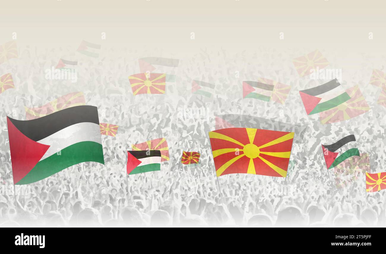 La Palestine et la Macédoine du Nord drapeaux dans une foule de gens acclamés. Foule de gens avec des drapeaux. Illustration vectorielle. Illustration de Vecteur