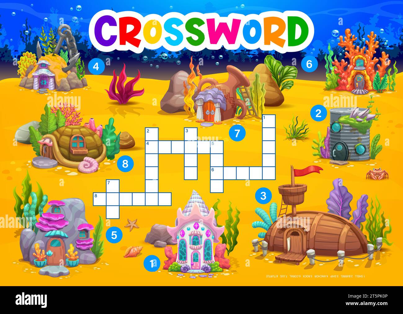 Feuille de travail de jeu de mots croisés sous-marins de dessin animé, paysage sous-marin avec des bâtiments de maison, grille vectorielle. Quiz de mots croisés pour enfants avec des maisons sous-marines et des abris d'habitation dans le coquillage et le navire coulé Illustration de Vecteur