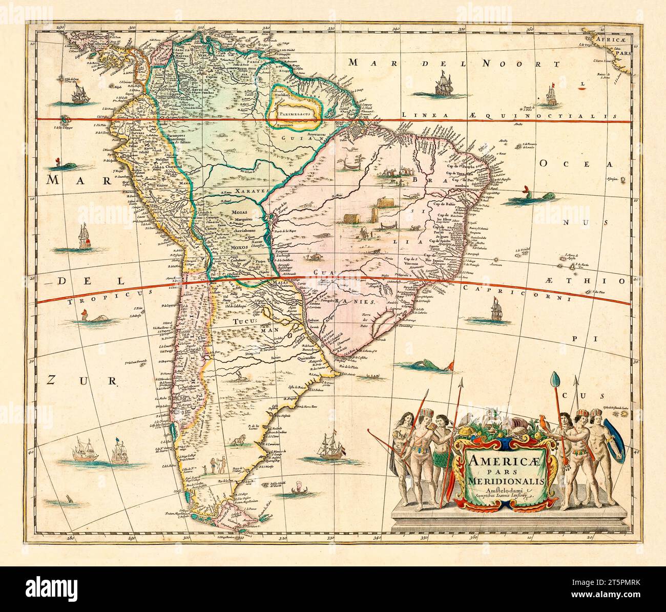 Ancienne carte de l'Amérique du Sud. Par Jannson, publ. en 1644 Banque D'Images