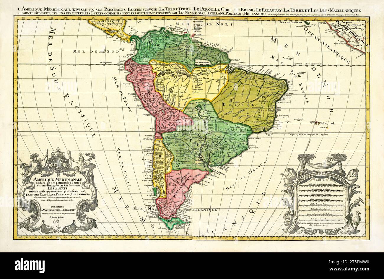 Ancienne carte de l'Amérique du Sud. Par Sanson, publ. en 1691 Banque D'Images