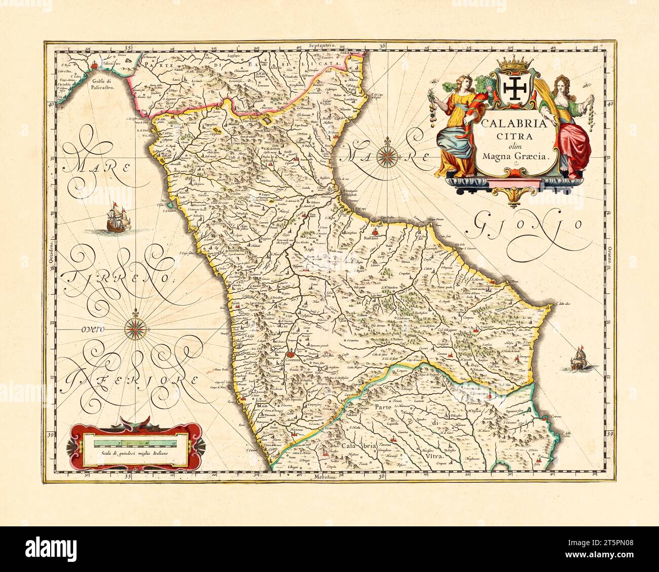 Ancienne carte du nord de la Calabre, Italie. Par Blaeu, publ. env. 1640 Banque D'Images