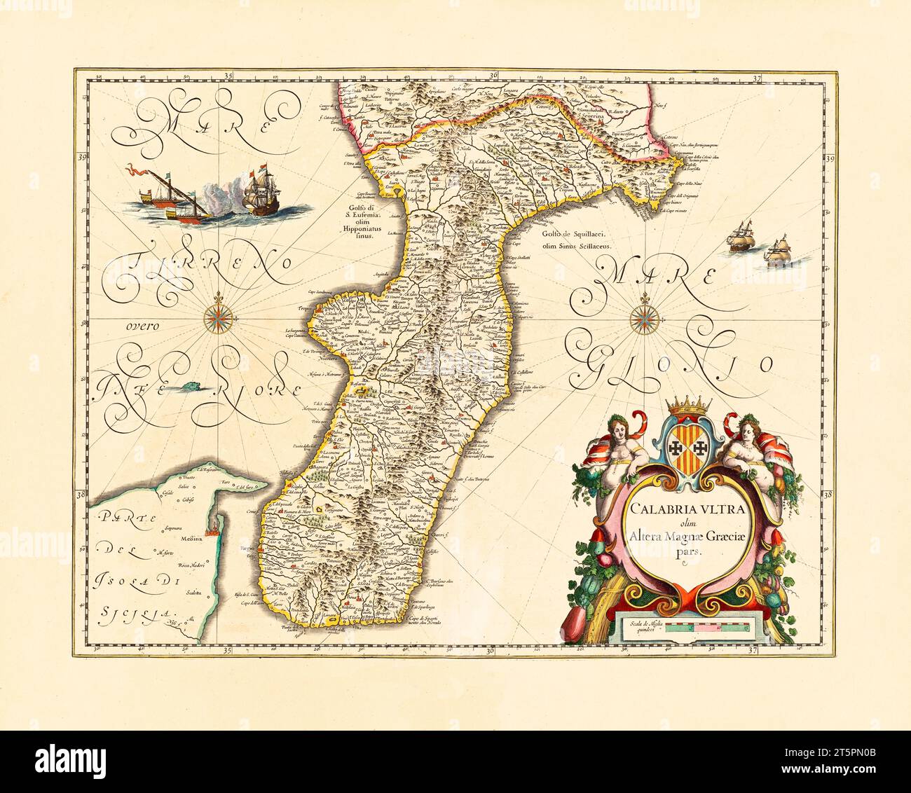 Ancienne carte du sud de la Calabre, Italie. Par Blaeu, publ. env. 1640 Banque D'Images