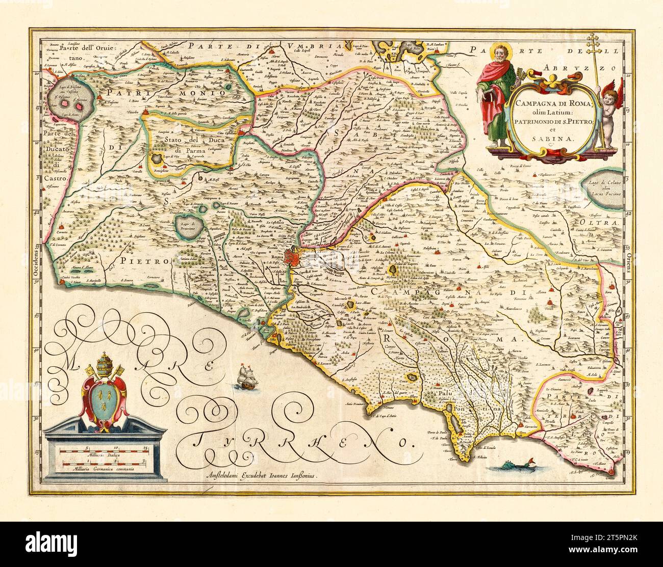 Ancienne carte de la région du Latium, Italie. Par Jansson, publ. env. 1645 Banque D'Images