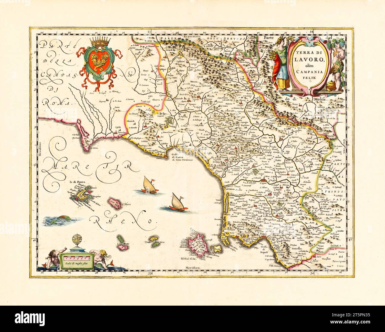 Ancienne carte de la région Campanie, Italie. Par Blaeu, publ. env. 1662 Banque D'Images