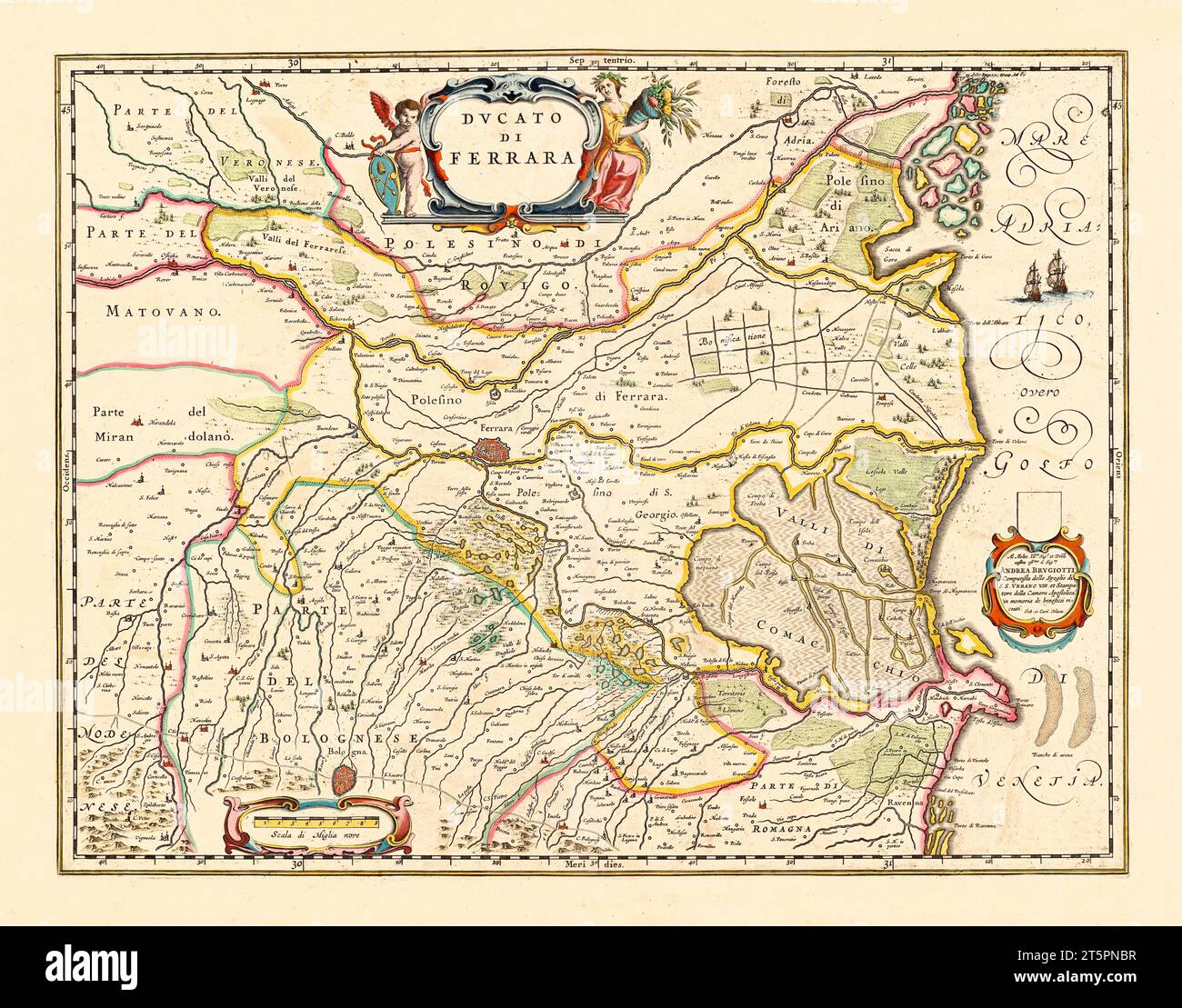 Carte ancienne du duché de Ferrare, Italie. Par Jansonn, publ. en 1647 Banque D'Images