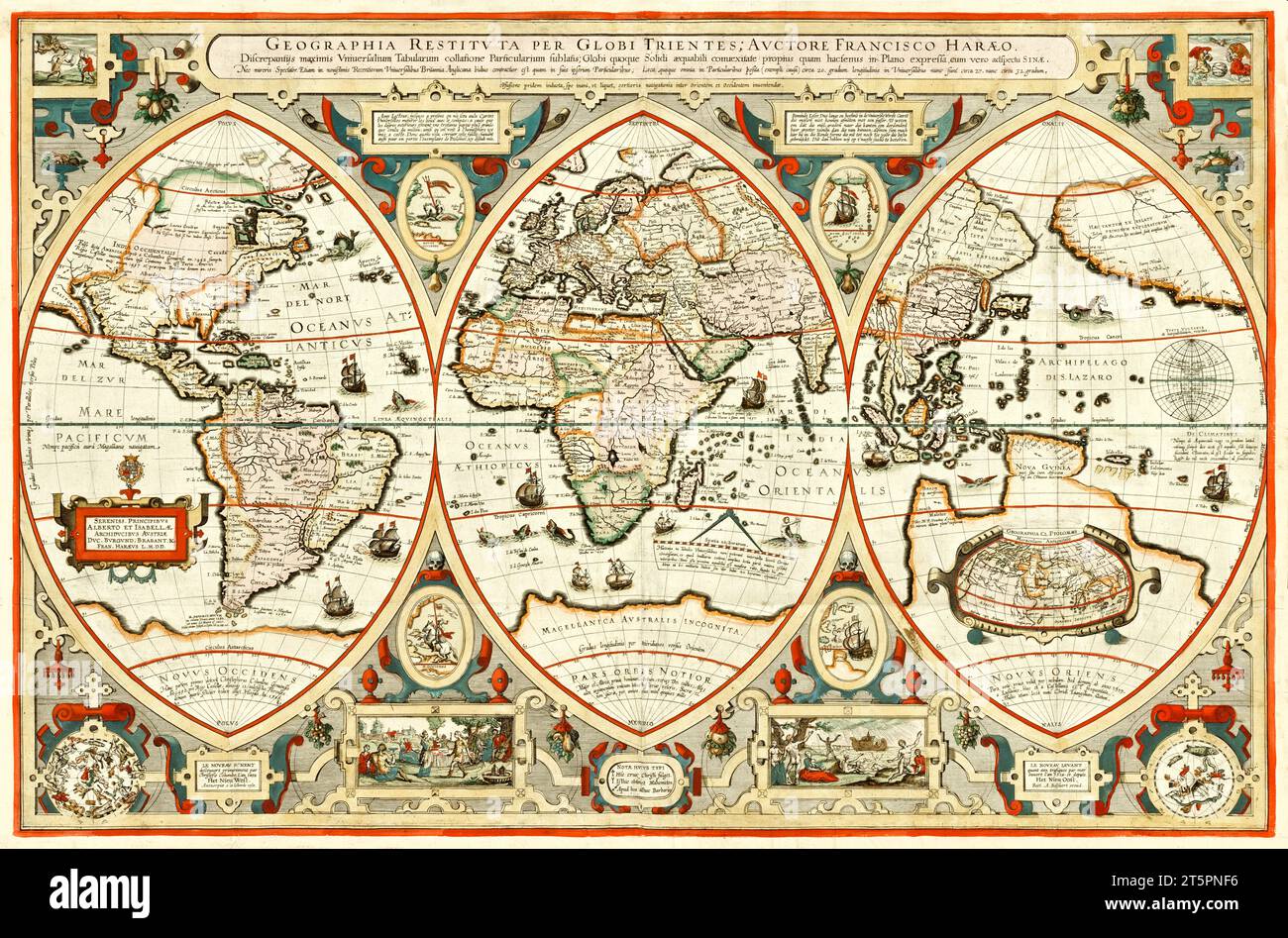 Ancienne carte affichant le globe comme un triptyque. Par Verhaer, publ. en 1618 Banque D'Images