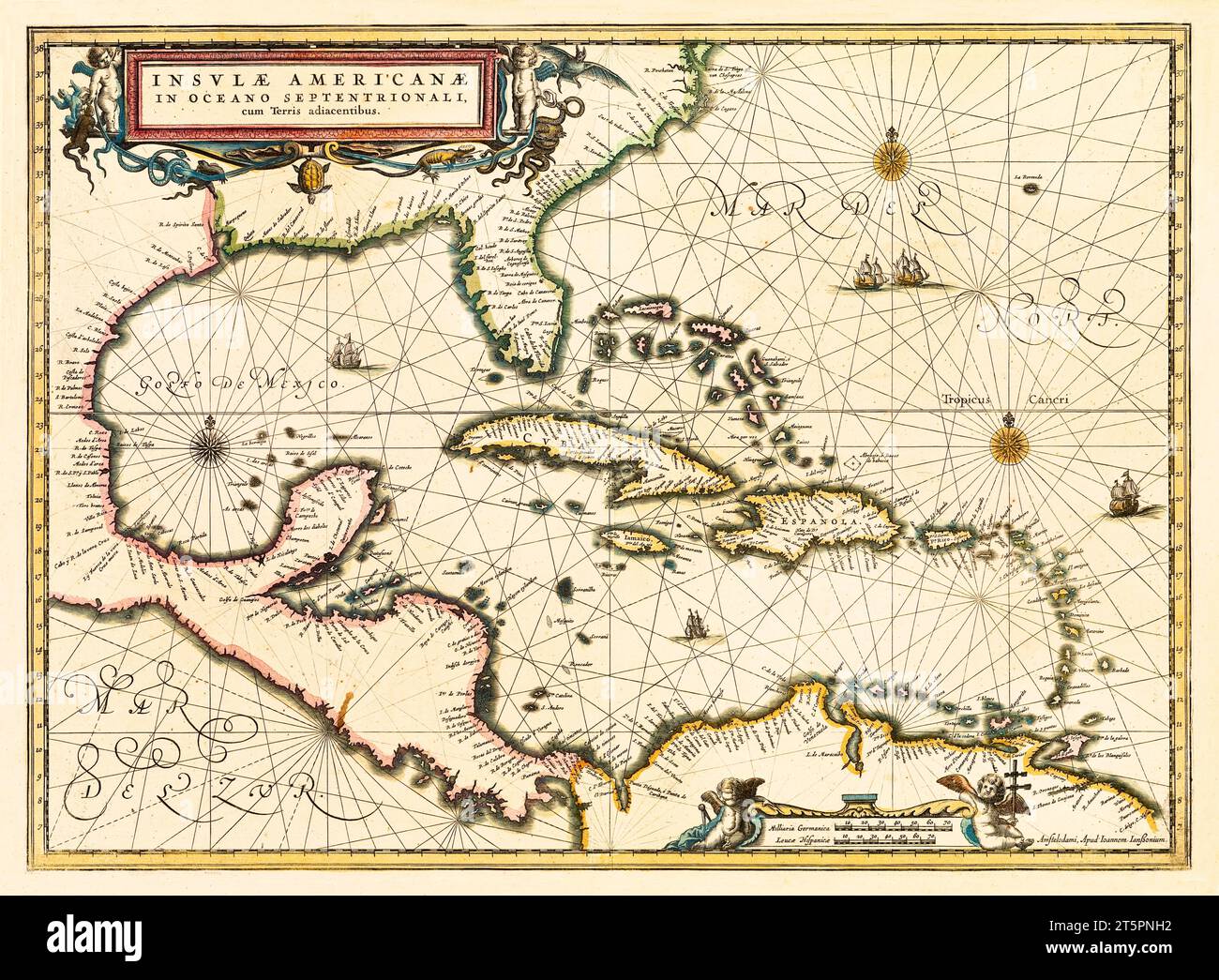 Ancienne carte du golfe du Mexique et des îles des Caraïbes. Par Jansson, publ. en 1636 Banque D'Images