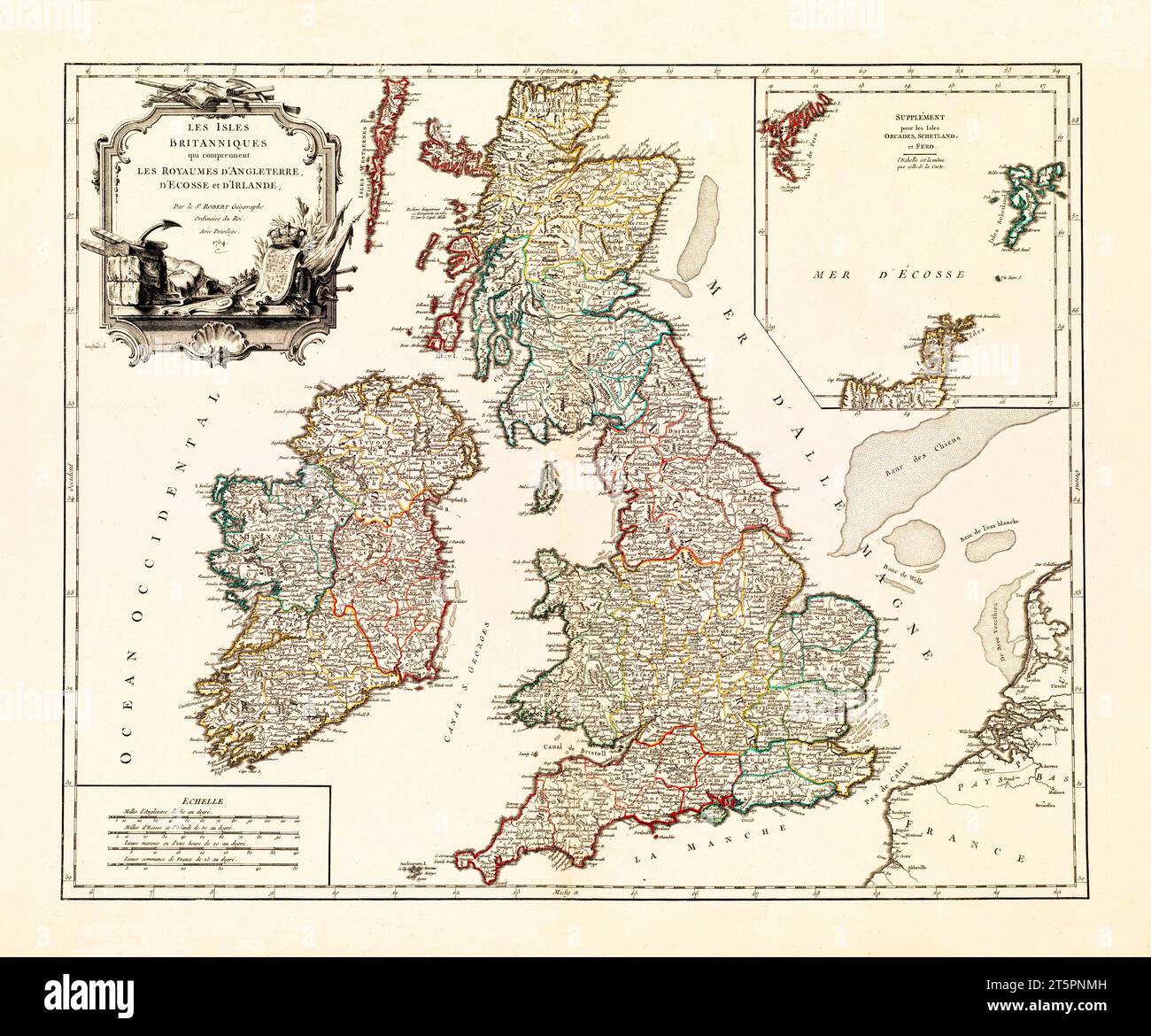 Ancienne carte des îles britanniques. Par de Vaugondy, publ. en 1754 Banque D'Images