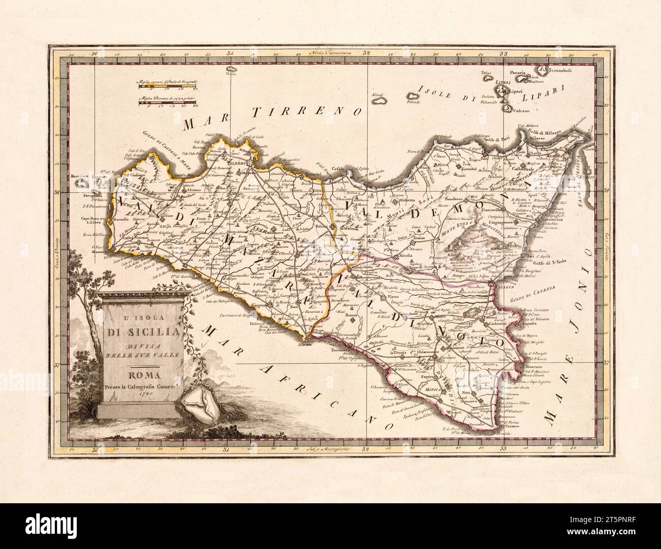 Ancienne carte de la Sicile divisée en ses trois vallées principales. Par Cassini, publ. en 1792 Banque D'Images