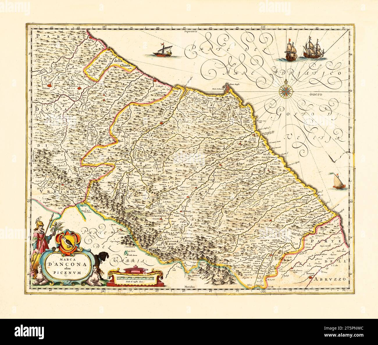 Ancienne carte de la région des Marches, Italie. Par Blaeu, publ. env. 1662 Banque D'Images
