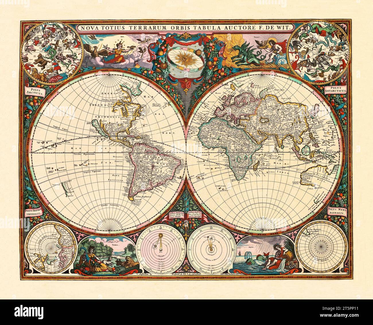 Vieux planisphère avec insert Zodiac. Par de Wit, publ. en 1660 Banque D'Images
