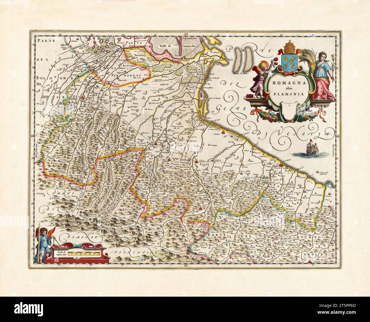 Ancienne carte de la région Romagne, Italie. Par Blaeu, publ. env. 1840 Banque D'Images