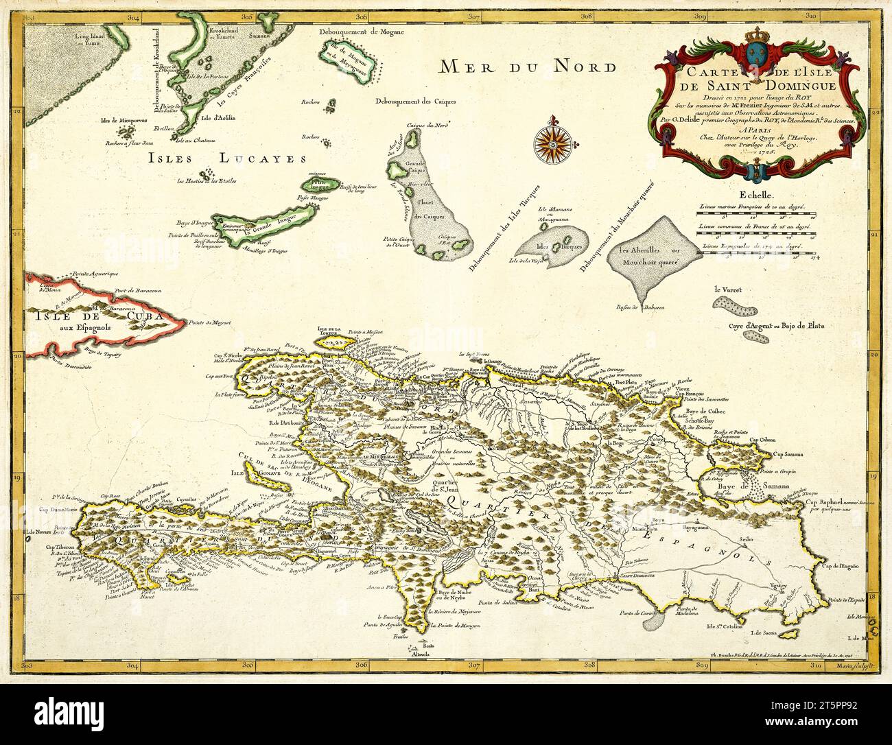 Ancienne carte de l'île d'Hispaniola. Par l'Isle, publ. 1725 Banque D'Images