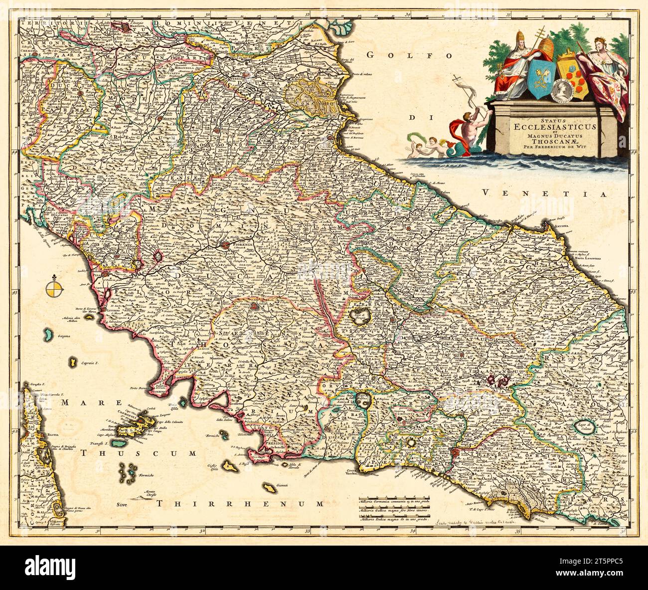 Ancienne carte des États pontificaux et de la région Toscane, Italie centrale. Par de Wit, publ. env. 1680 Banque D'Images
