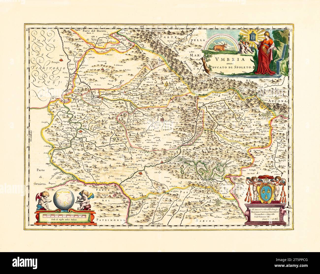 Ancienne carte de la région de l'Ombrie, Italie. Par Blaeu, publ. env. 1662 Banque D'Images