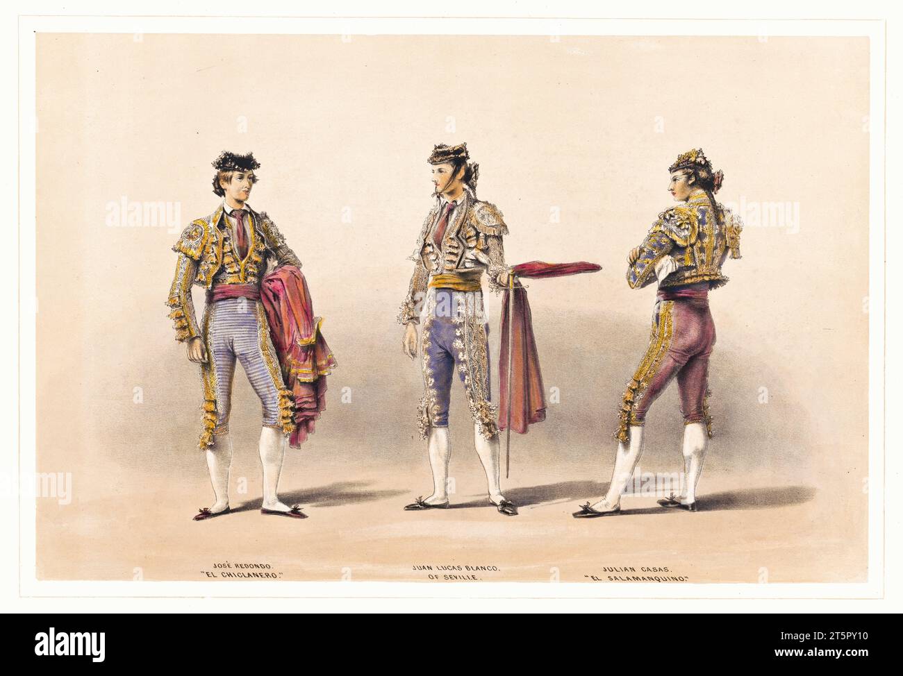 Vieille illustration montrant trois matadors en costume traditionnel de tauromachie. Par Price and Lake, publ. ca 1865 Banque D'Images