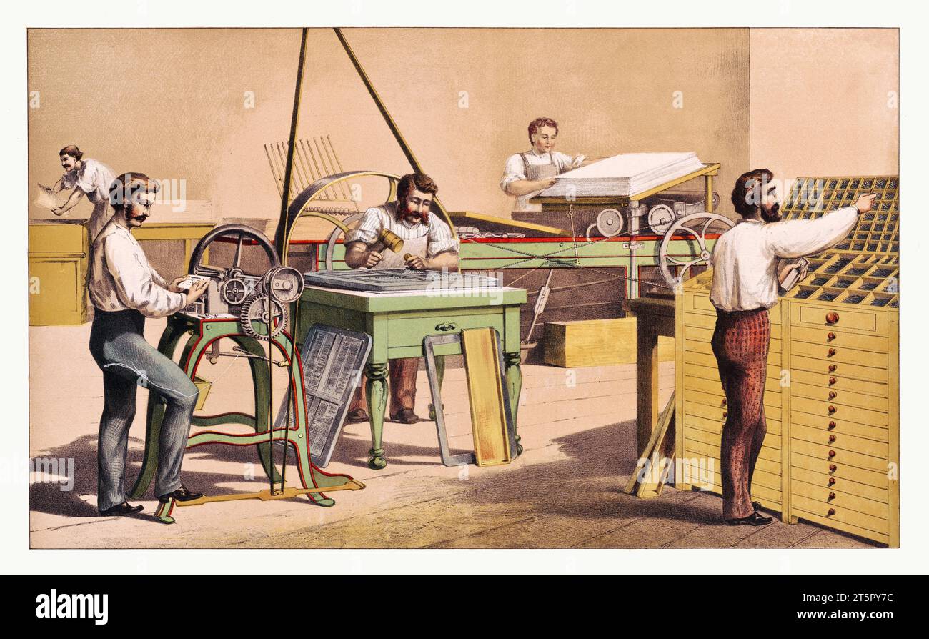 Ancienne illustration de l'ancien atelier d'impression. Par auteur non identifié, publ. ca 1876 Banque D'Images