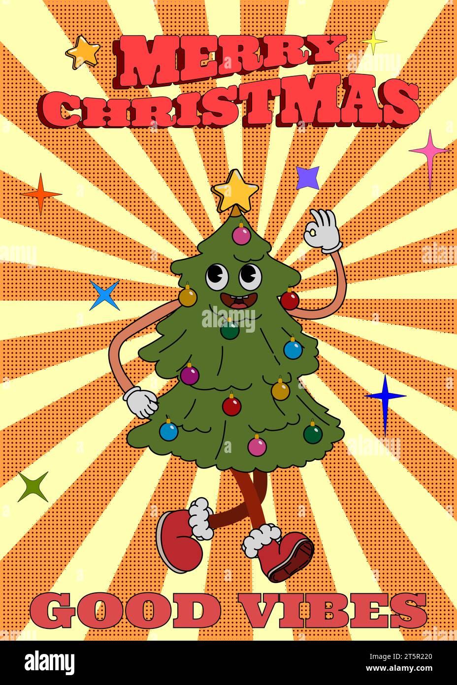 Affiche de Noël Groovy hippie. Sapin de Noël dans un style de dessin animé rétro tendance Illustration de Vecteur