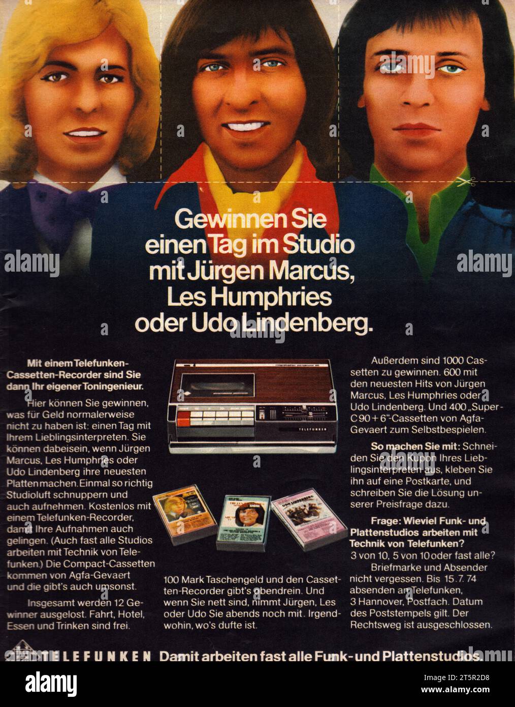 Telefunken Cassetten-Recorder vintage publicité allemande Telefunken rétro Werbung Gewinne Sie einen Tag im Studio mit Jurgen Marcus les Humpries Banque D'Images