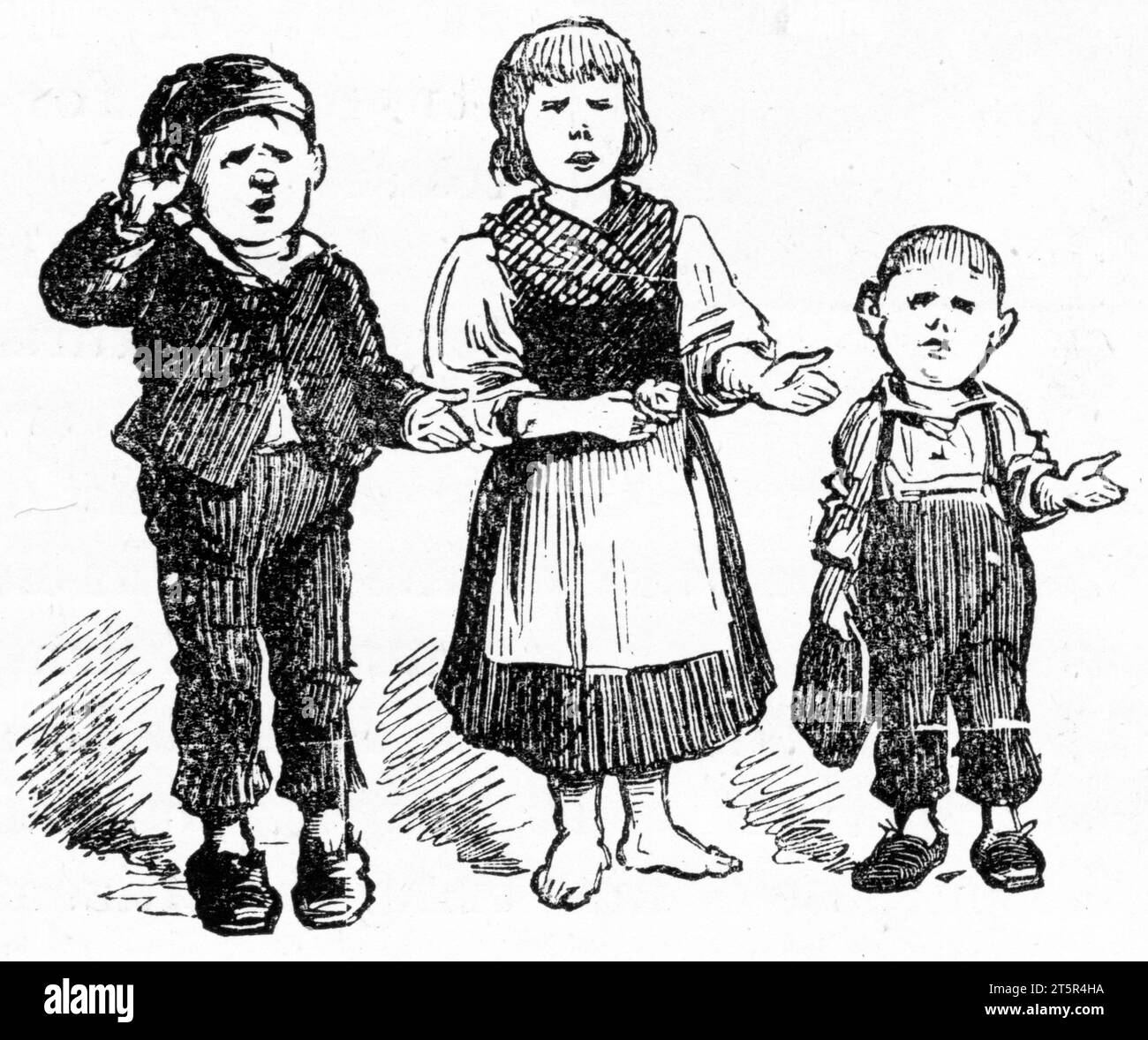 Gravure de trois enfants mendiant dans les rues, publiée vers 1887 Banque D'Images