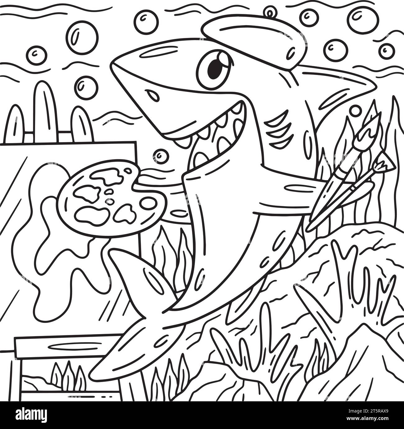 Requin avec la page de coloriage de matériaux de peinture Illustration de Vecteur