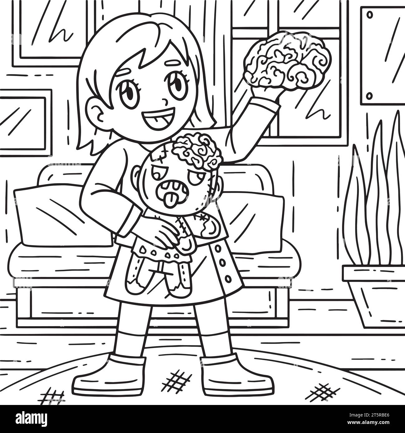 Enfant avec un Zombie peluche Toy Coloriage pages Illustration de Vecteur