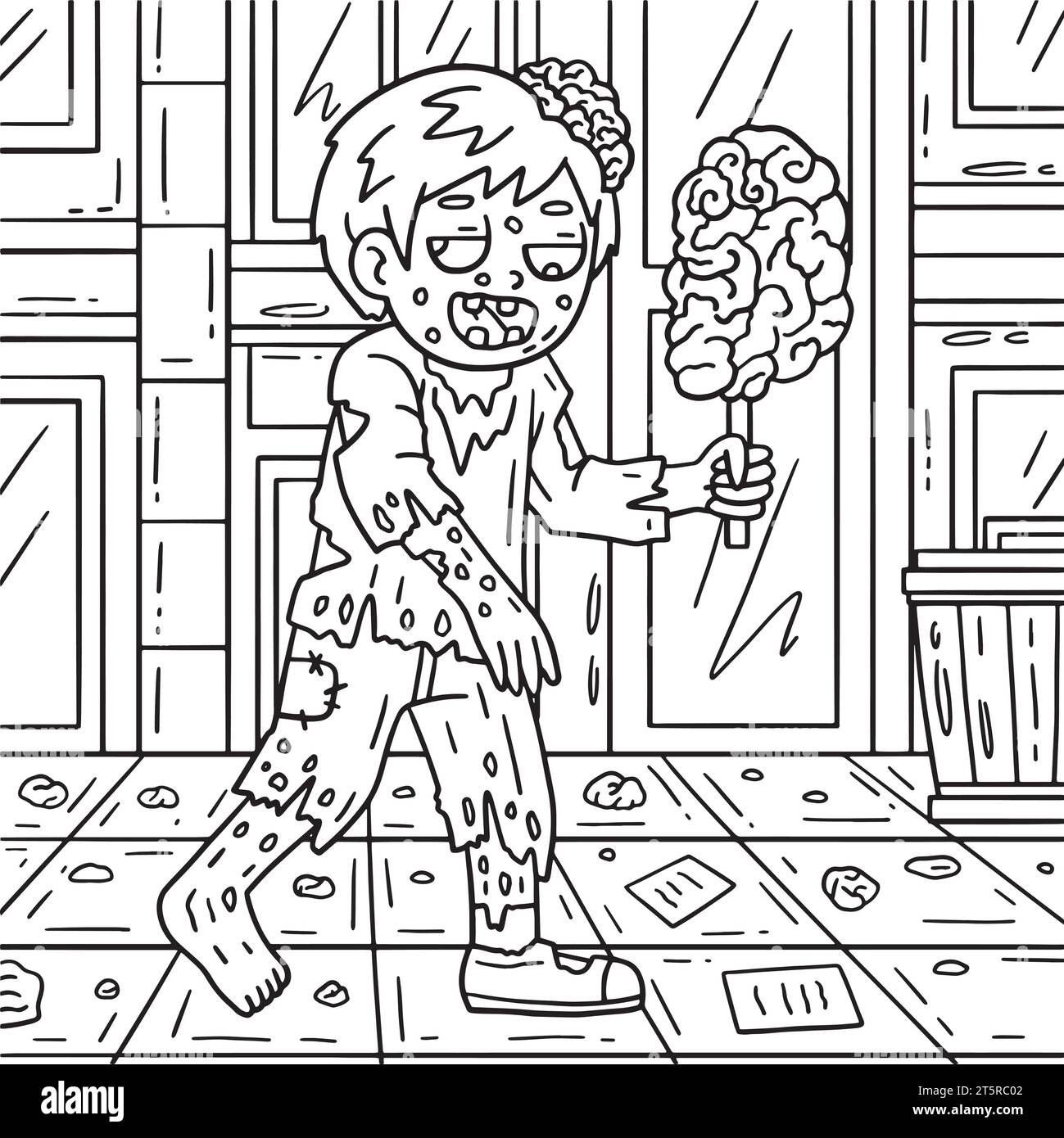 Zombie mangeant cerveau sur un bâton coloriage pages Illustration de Vecteur