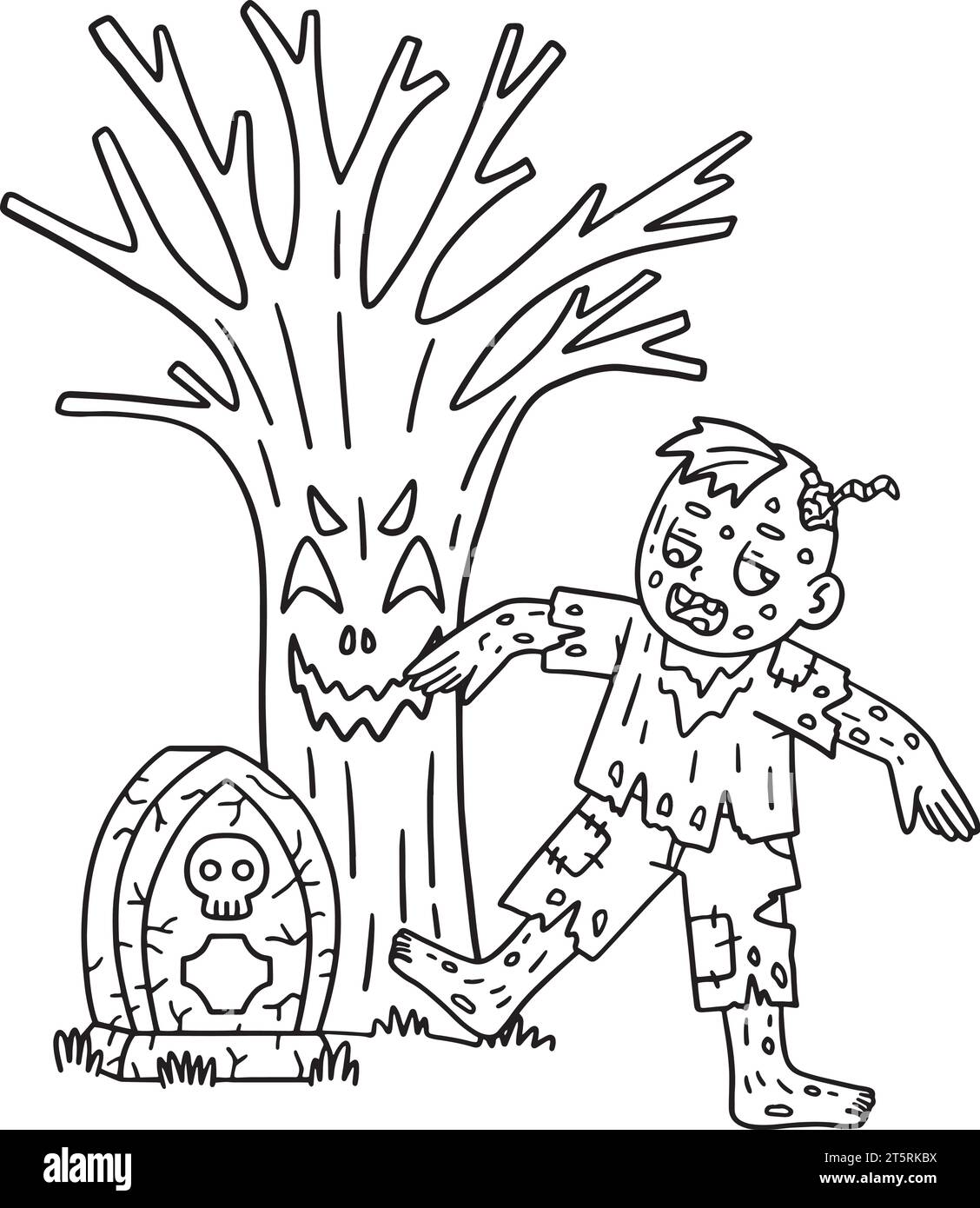 Zombie sous un arbre Spooky page de coloriage isolé Illustration de Vecteur