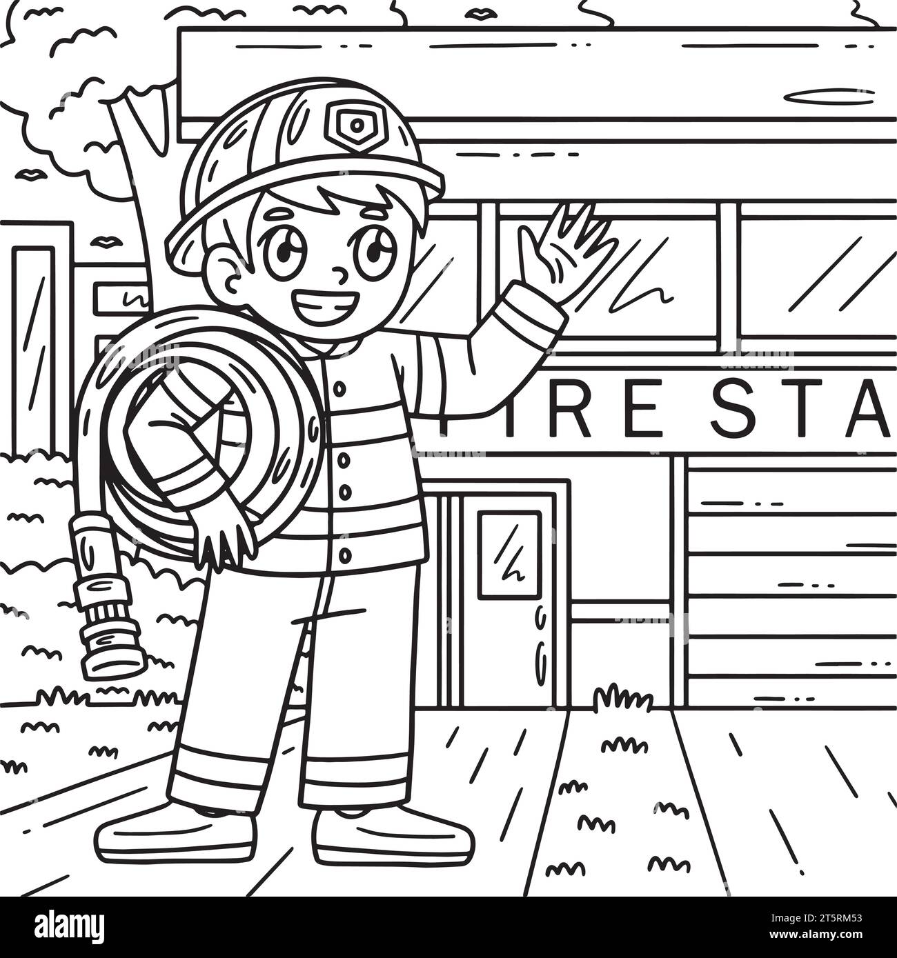 Pompier transportant la page de coloriage de tuyau d'eau Illustration de Vecteur