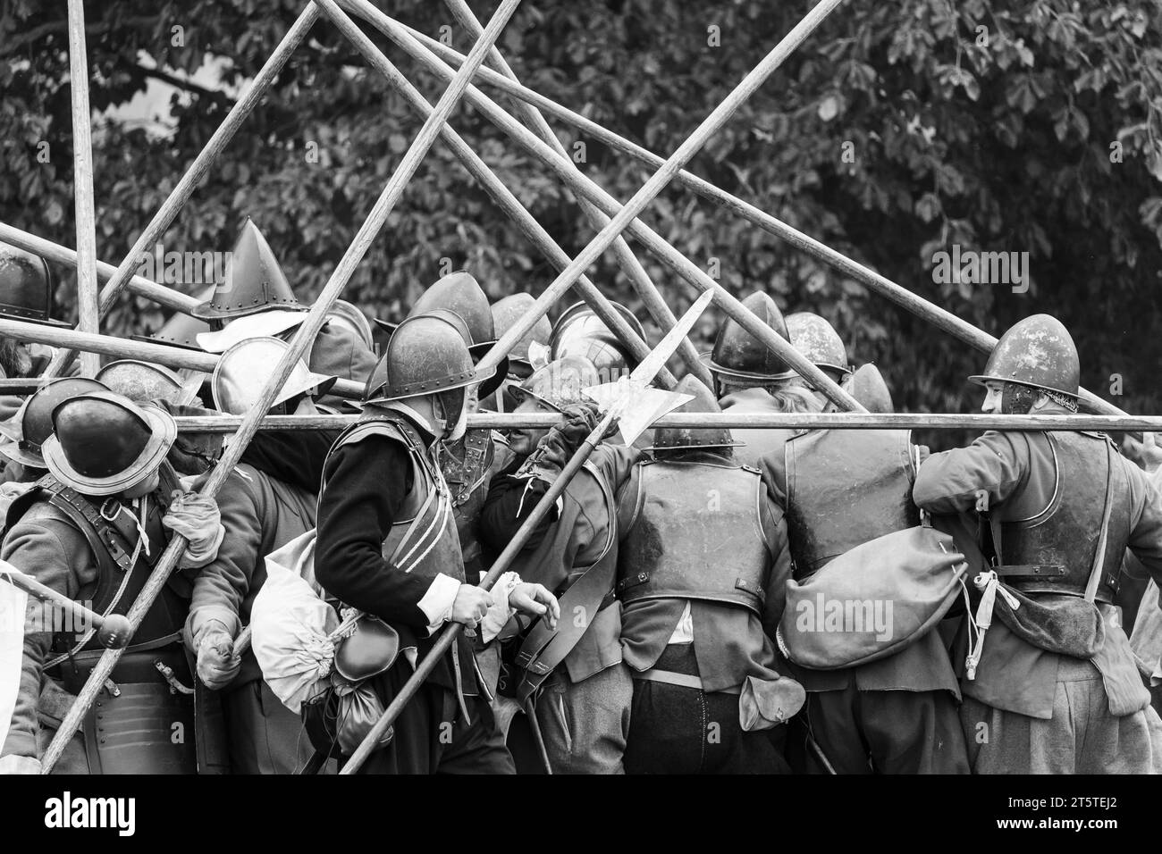 Poussée de brochet où deux colonnes opposées de piquistes se rencontrent et se bloquent en position. Reconstitution de la guerre civile anglaise, siège de Basing House 16.09.23 Banque D'Images