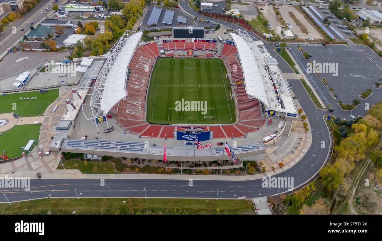 Sandy, UT, États-Unis. 6 novembre 2023. Vue aérienne de l'America First Field, stade du Real Salt Lake et du National Women's Soccer League Club, Utah Royals FC. (Image de crédit : © Walter G Arce SR/ASP) USAGE ÉDITORIAL SEULEMENT! Non destiné à UN USAGE commercial ! Banque D'Images