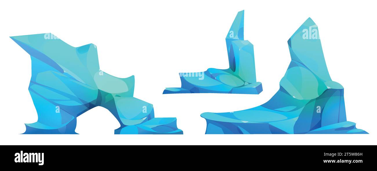 Gros morceaux et morceaux d'iceberg - pics glaciers bleus avec arche pour le nord polaire ou antarctique paysage. Ensemble d'illustration vectorielle de dessin animé de montagnes de glace et de rochers flottant et dérivant dans la mer ou l'océan Illustration de Vecteur